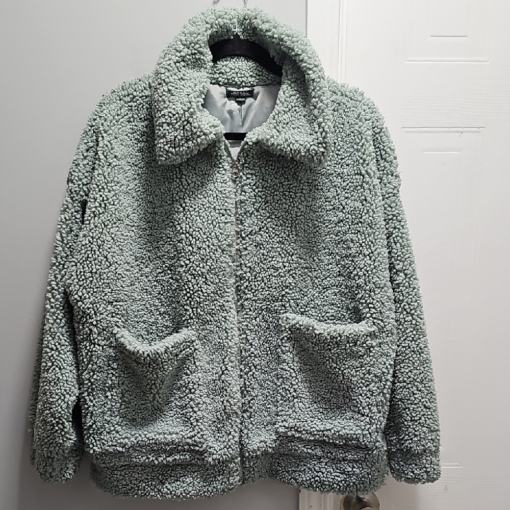 Wild Fable Sherpa Teddy Jacket Sage Green Zip Front Cozy XS/Small